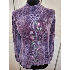 Purple Chenille Embroidered Floral  Bow Sweater Alfred Dunner PM  Cottage Cozy